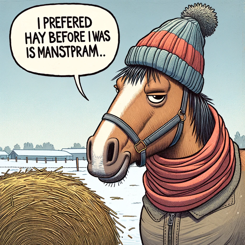 A horse wearing a beanie and scarf, looking disdainfully at a pile of hay. Caption: "I preferred hay before it was mainstream."