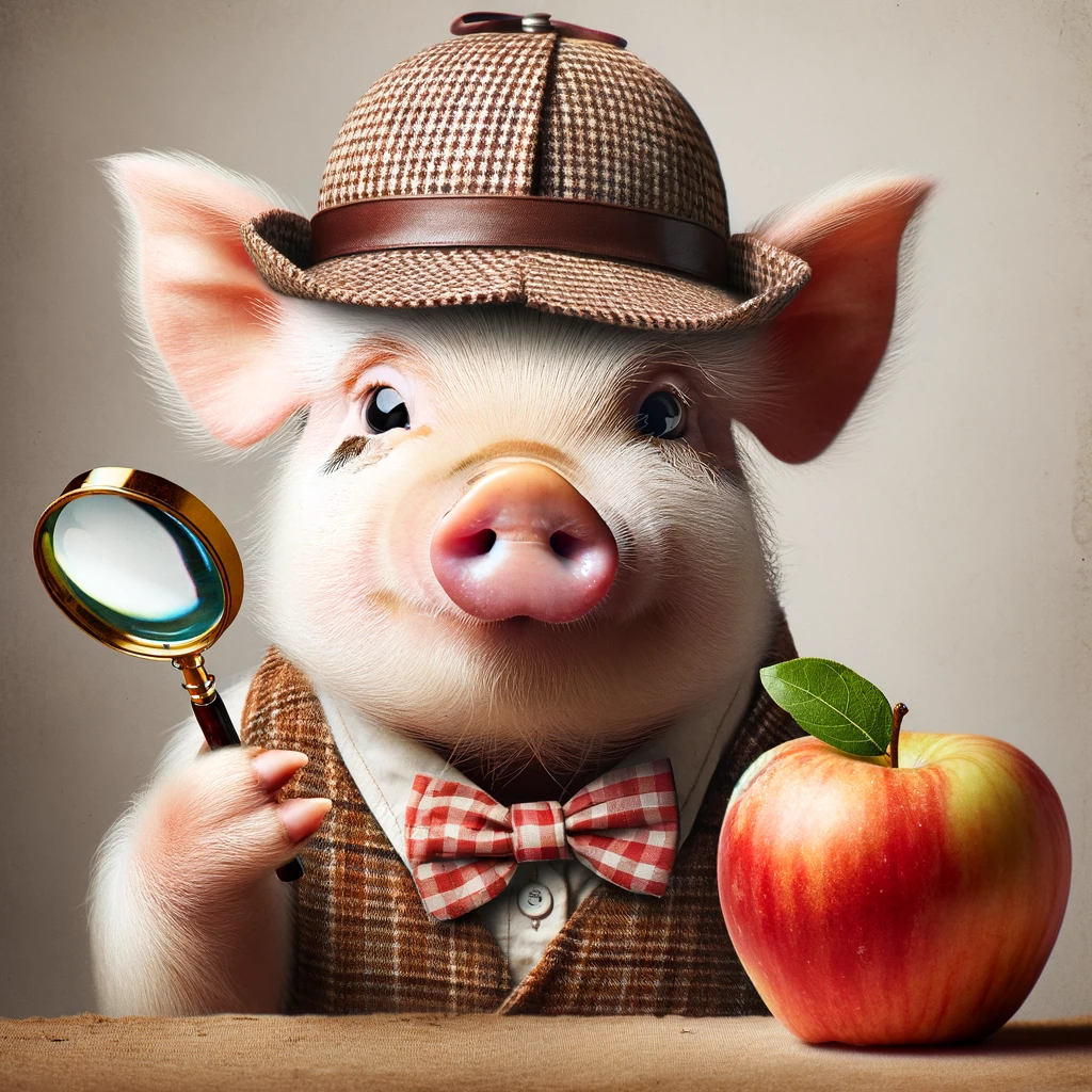 A pig with a detective hat and magnifying glass, scrutinizing an apple. Caption: "Something's up with this apple, and I'm going to find out what."