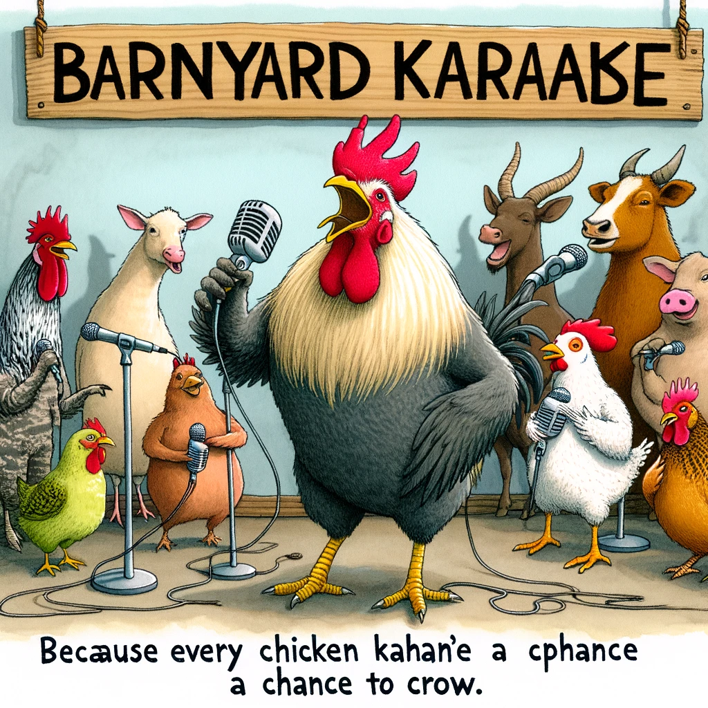 A group of various farm animals holding microphones and a chicken DJing. Caption: "Barnyard karaoke: Because every chicken needs a chance to crow."