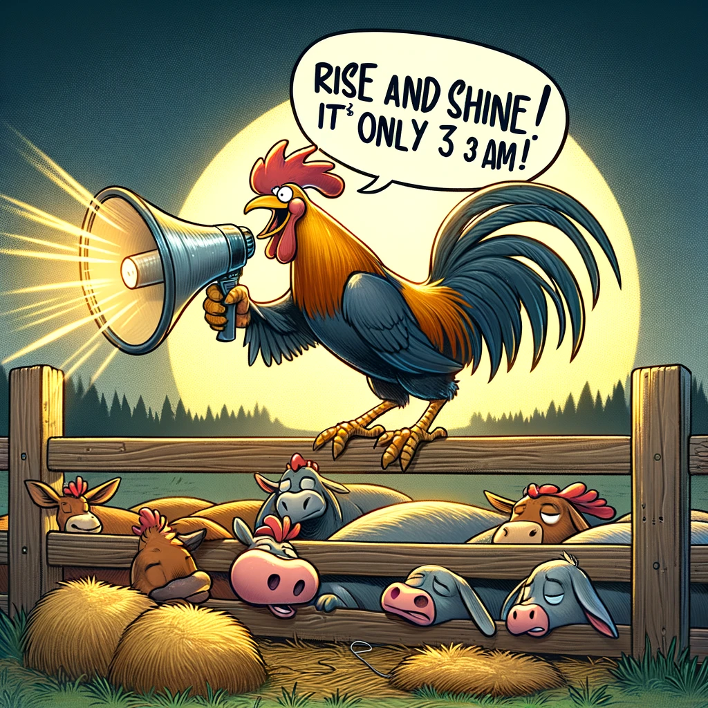 A rooster standing on a fence, using a megaphone to loudly wake up sleeping farm animals. It's early morning, still dark with a hint of sunrise. The rooster looks energetic and enthusiastic, while the other animals appear annoyed and sleepy. Include a humorous caption: "Rise and shine! It's only 3 AM!". The setting is a farmyard, and the image should have a light-hearted, comedic feel.