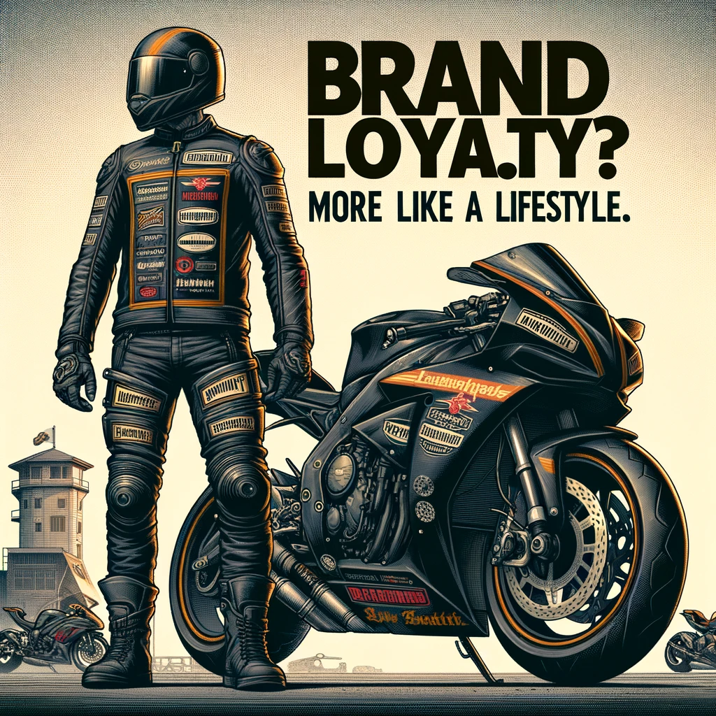 A biker decked out in gear from a single motorcycle brand, standing proudly next to their bike. The scene showcases the biker's brand loyalty, with both the rider and the motorcycle featuring prominently the same brand's logos and colors. The biker poses confidently, exemplifying a strong connection to the brand. The caption at the bottom reads, "BRAND LOYALTY? MORE LIKE A LIFESTYLE." The image should emphasize the theme of brand dedication, with the biker's attire and the motorcycle's design clearly reflecting the chosen brand's style and ethos.