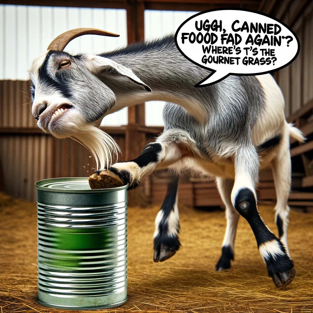 A goat with a disgusted expression, pushing away a metal can with its hoof. The goat is in a barnyard setting, showing clear dislike for the canned food in front of it. The expression should be humorously exaggerated to emphasize its pickiness. Include a humorous caption: "Ugh, canned food again? Where's the gourmet grass?". The image should be funny and light-hearted, capturing the goat's dramatic reaction to its meal.