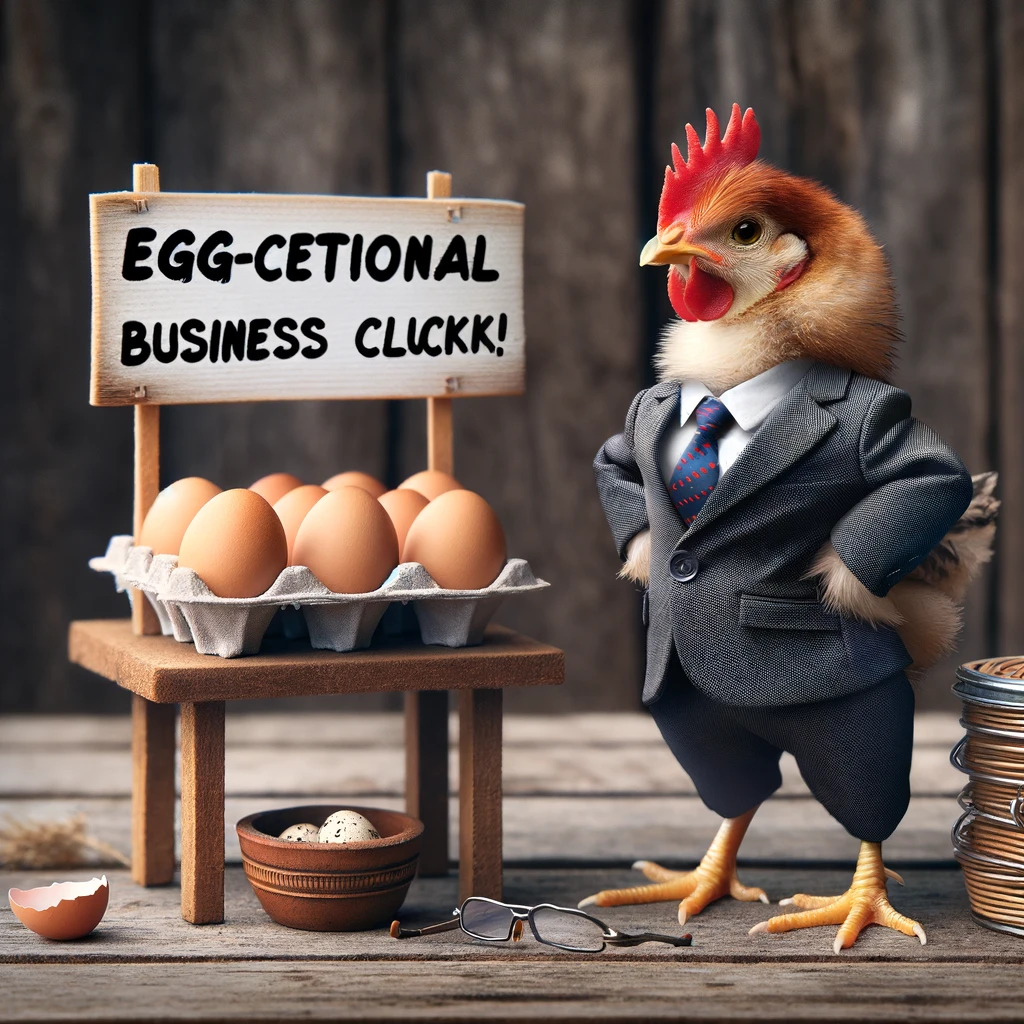 A chicken dressed in a tiny suit and tie, standing proudly next to a small egg stand. The chicken appears business-like and entrepreneurial, with a confident pose. The egg stand is set up in a farm setting, with a sign that says 'Eggs for Sale'. The scene should have a humorous and whimsical feel. Include a caption: "Egg-ceptional business cluck!" to complement the chicken's entrepreneurial spirit.