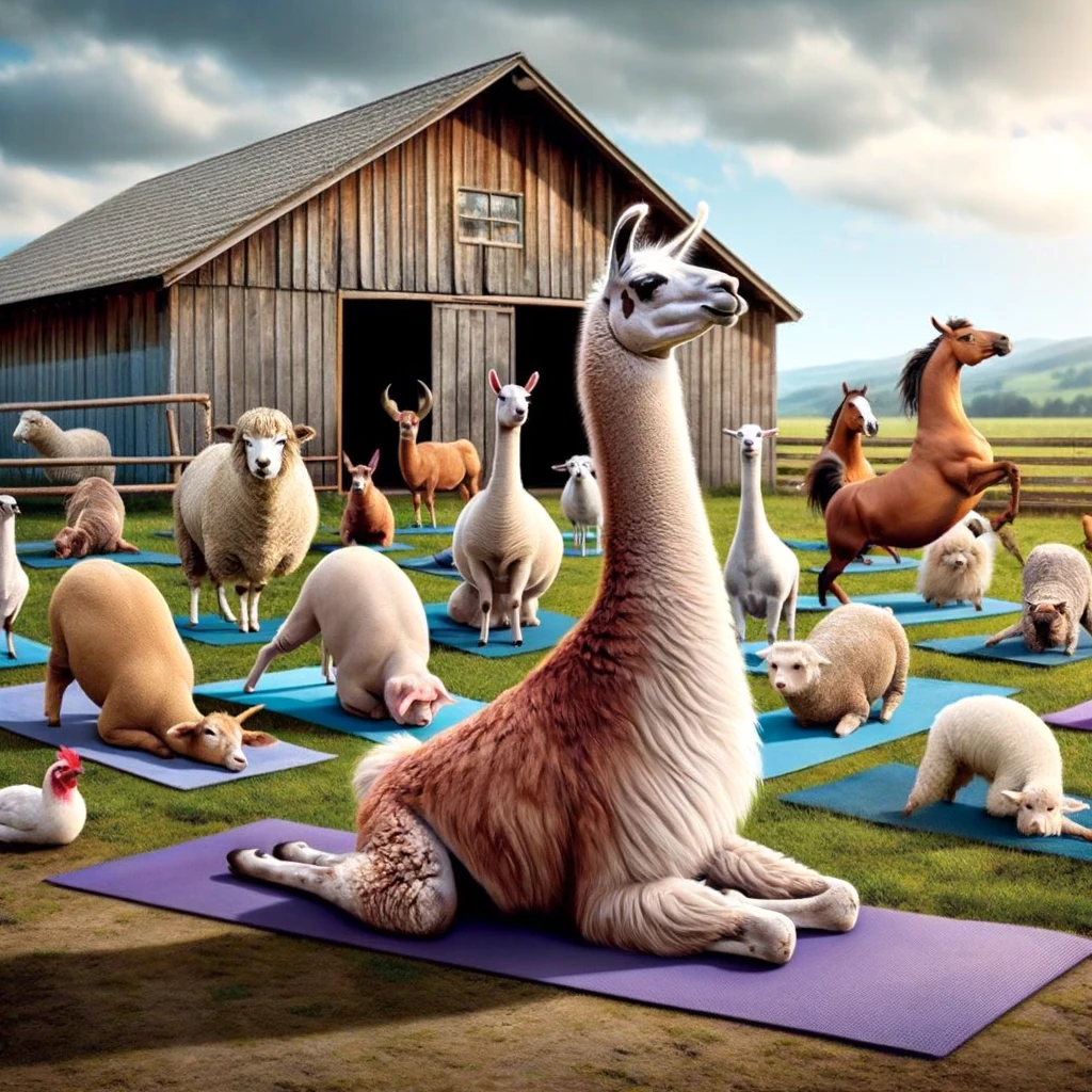 A llama in a yoga pose, surrounded by various farm animals awkwardly trying to imitate the pose. The llama looks serene and focused, while the other animals look confused and uncoordinated. The setting is a peaceful farmyard with a touch of humor in the scene. Include a caption: "Llama says: 'Find your inner alpaca'." The image should be light-hearted, emphasizing the comical aspect of farm animals doing yoga.