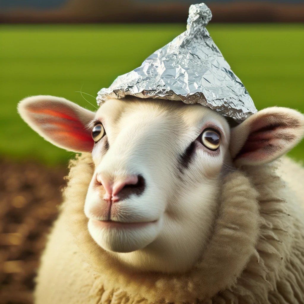 A sheep wearing a tin foil hat, looking up at the sky with a suspicious and alert expression. The sheep is in a farm field, giving the impression of being wary of its surroundings. The tin foil hat should be comically oversized, adding to the humor of the image. Include a caption: "I'm telling you, the humans are up to something." The scene should be amusing, highlighting the sheep's conspiracy theorist demeanor.
