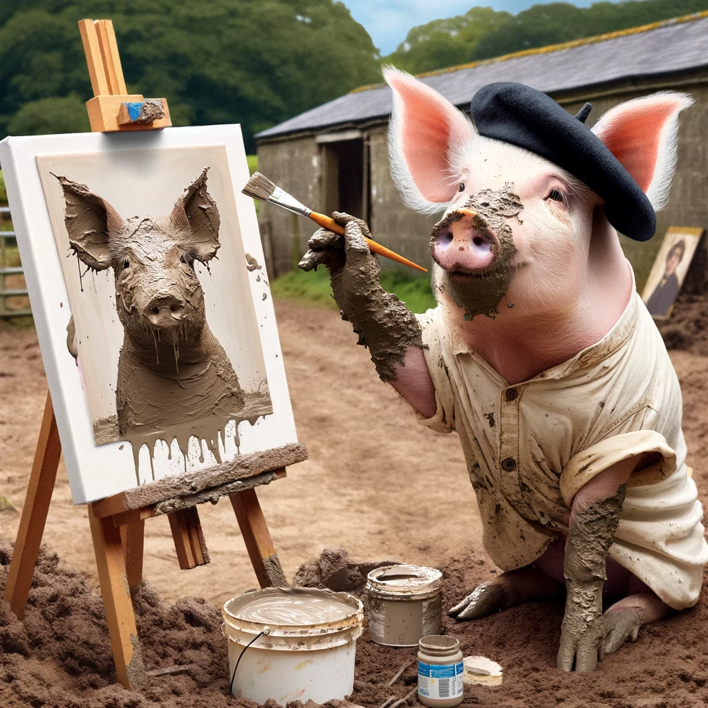 A pig wearing a beret and holding a paintbrush, creatively engaged in painting a portrait using mud. The pig is in a farm setting, with an easel and canvas set up in front of it. The portrait being painted should be abstract and made of mud, showcasing the pig's artistic endeavors. Include a caption: "Mud, the unexplored medium of fine art." The image should have a humorous and whimsical vibe, emphasizing the pig's aspiration as an artist.