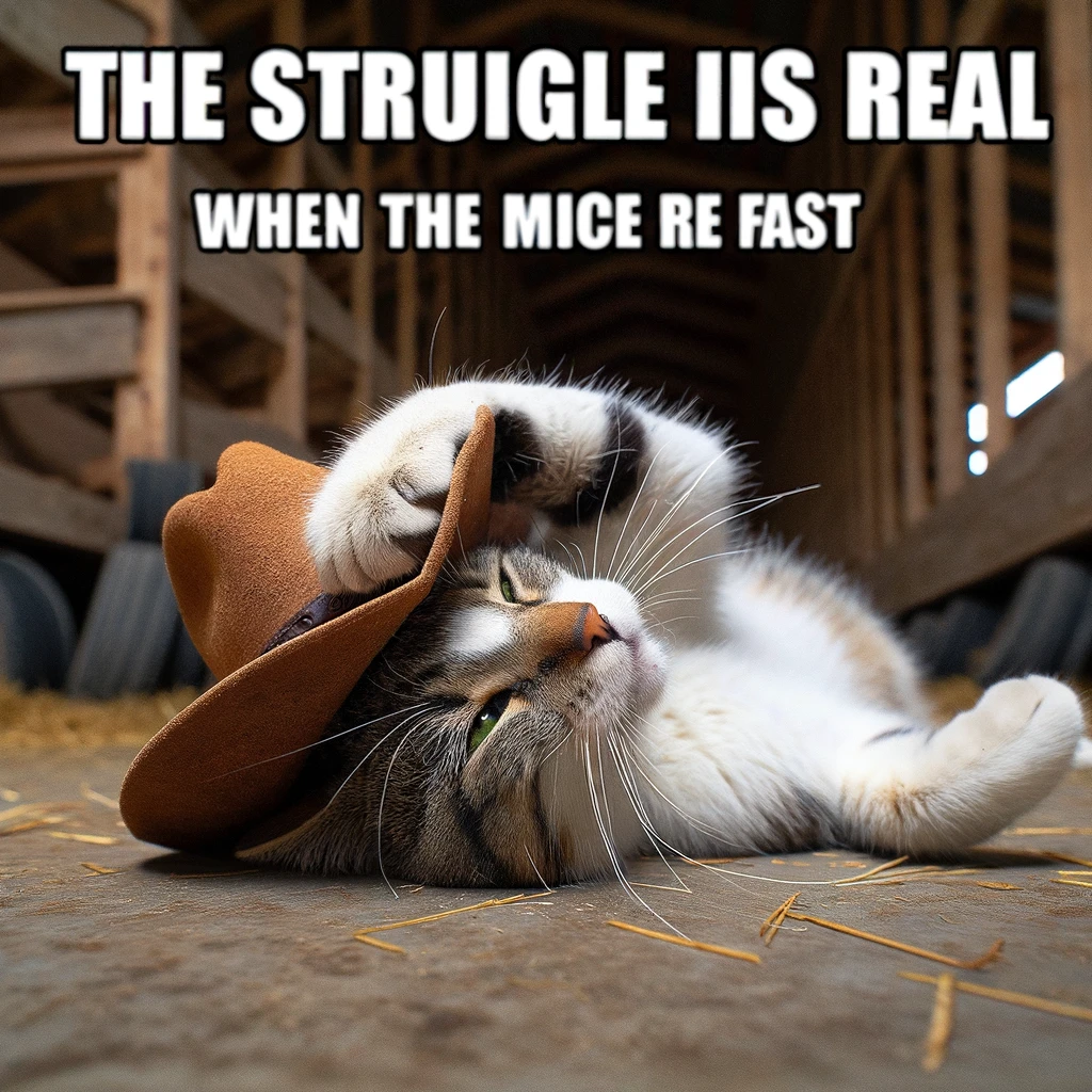 A barn cat lying dramatically on the ground, with its paw over its forehead in a theatrical manner. The cat is in a farm setting, suggesting it's tired after a long day of chasing mice. The expression and pose should be overly dramatic, adding humor to the scene. Include a caption: "The struggle is real when the mice are fast." The image should be light-hearted, showcasing the cat's dramatic flair.