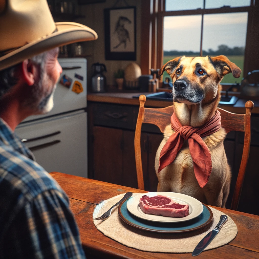A farm dog sitting at a dinner table with a napkin tied around its neck, looking expectantly at a farmer. The dog appears hopeful and well-mannered, sitting upright at the table. The setting is a cozy farmhouse kitchen, with a plate in front of the dog and the farmer standing nearby. Include a caption: "I heard it's steak night, right?" The image should be humorous, capturing the dog's hopeful anticipation for a special meal.