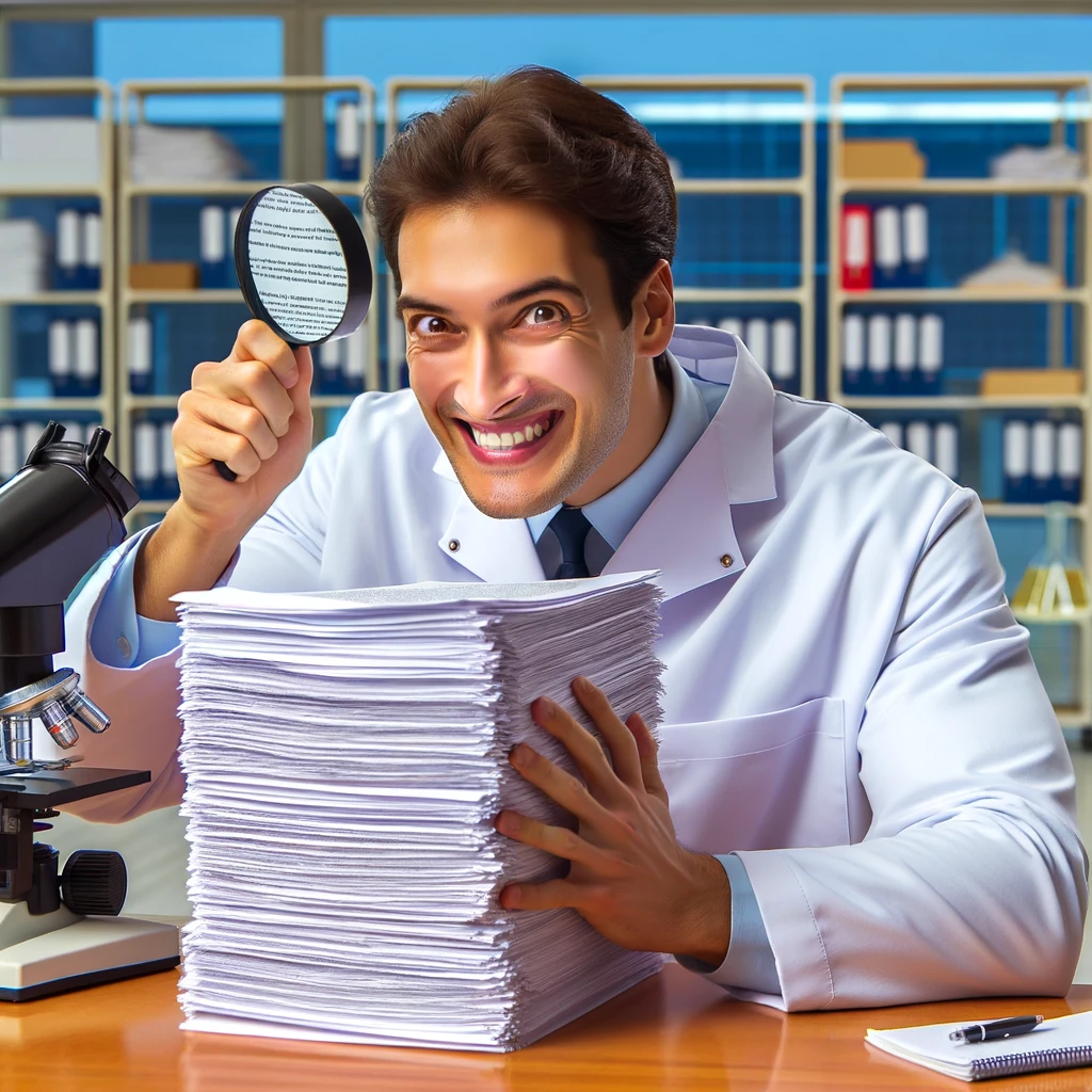 A scientist triumphantly holding a magnifying glass over a stack of research papers, with a caption: "When you spot a minor error in a well-written paper." The scientist is smiling and looks very satisfied, dressed in a lab coat, with a background of a laboratory filled with scientific equipment. The papers are neatly stacked on a table, and the magnifying glass is focused on one particular paper, highlighting the small error. The scene conveys a sense of achievement and meticulous attention to detail.
