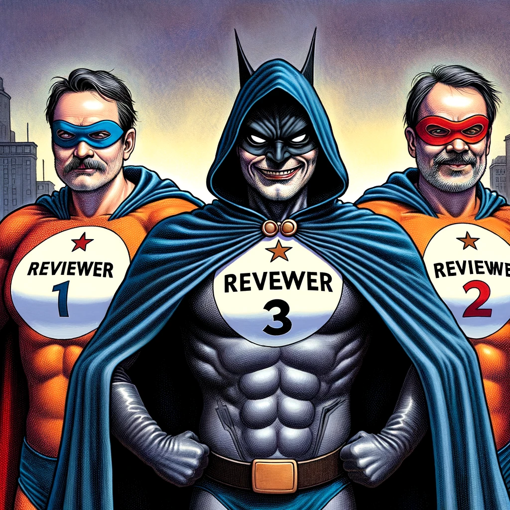 A trio of superheroes labeled "Reviewer 1," "Reviewer 3," and a villain labeled "Reviewer 2." The superheroes are standing heroically, wearing capes with the labels "Reviewer 1" and "Reviewer 3" on their chests. The villain, "Reviewer 2," is depicted with a mischievous grin, wearing a dark costume with a label "Reviewer 2" on the chest. The background is a cityscape, suggesting a battle scene. The caption reads: "The never-ending battle in peer review." The image conveys a humorous take on the tension between authors and reviewers in the academic review process.