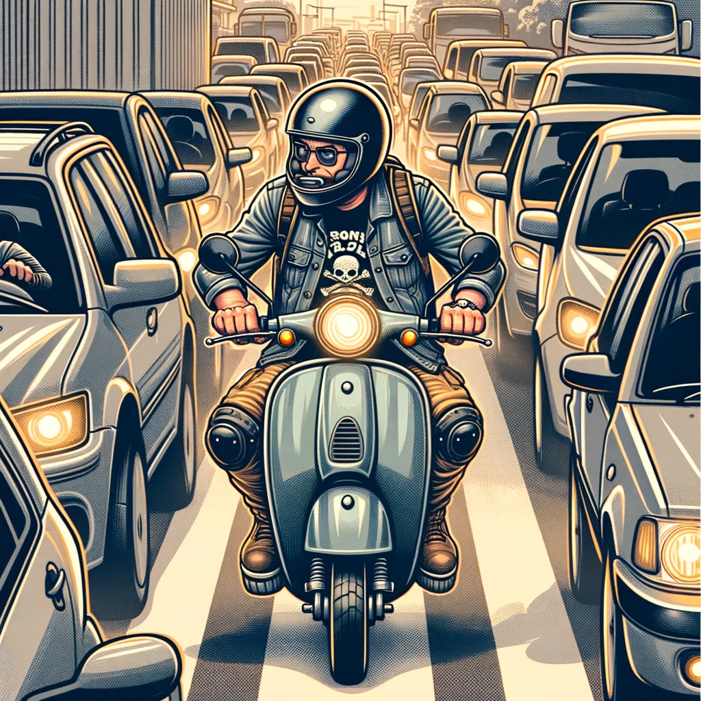 The Urban Commuter: A biker in heavy traffic on a small motorcycle or scooter, wearing a helmet and having a smug expression on their face. The scene shows cars stuck in traffic while the biker easily maneuvers through. Caption at the bottom reads: "While you're stuck in traffic, I'm thinking about my next ride."