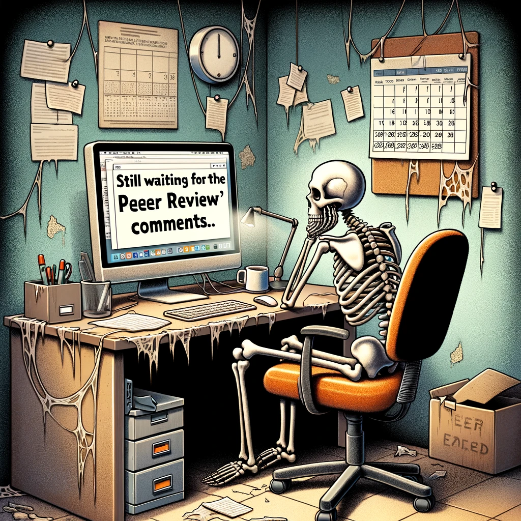 A skeleton sitting at a computer with an inbox still waiting for peer review feedback. The skeleton is depicted in a humorous way, sitting upright in a chair, staring at a computer screen which shows an email inbox with no new messages. The surrounding environment suggests a typical office space, but covered in cobwebs and dust, indicating a long passage of time. A calendar on the wall has several crossed out dates. The caption reads: "Still waiting for the reviewers' comments." The image humorously depicts the frustration of waiting for feedback in the peer review process.