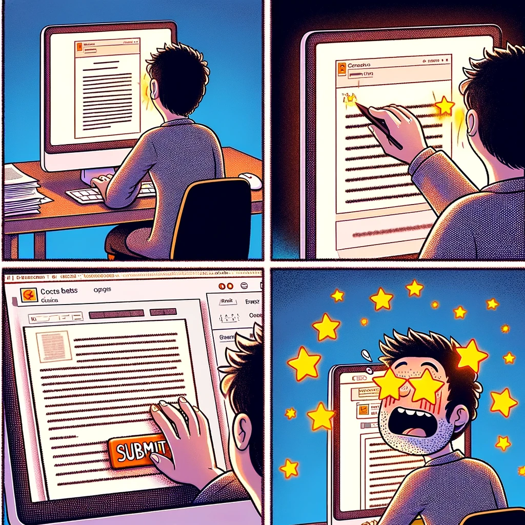 An author submitting a paper with stars in their eyes, dreaming of acceptance. The scene shows the author, filled with optimism, pressing the 'submit' button on a computer with a manuscript on the screen. Their eyes are literally replaced with shining stars, symbolizing hope and excitement. The next panel shows the same author receiving an email with revision requests, looking surprised and overwhelmed. The email on the computer screen is visible, filled with comments and suggestions. The caption reads: "Reality hits hard." This two-panel image humorously contrasts the initial optimism with the reality of academic publishing.
