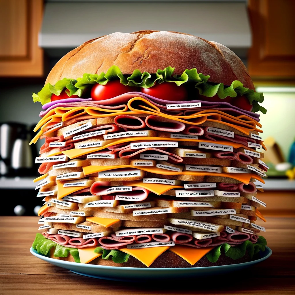 An overstuffed sandwich with each layer labeled as a different citation. The sandwich is comically large, with various ingredients like lettuce, tomatoes, cheese, and meats, each layer having a label representing a different academic citation. The sandwich is so large that it's almost falling apart, symbolizing the overwhelming number of citations. The image is set in a kitchen or dining table background, emphasizing the absurdity of the situation. The caption reads: "When reviewers ask for more citations." This image humorously represents the sometimes excessive demands for citations in academic papers.