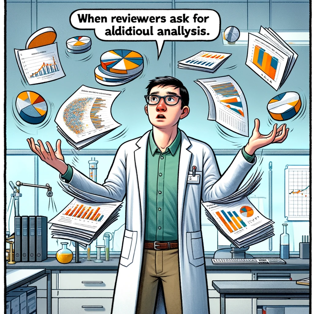 A scientist juggling multiple charts and graphs, with the caption: "When reviewers ask for additional data analysis." The scientist is in a lab, wearing a lab coat and looking slightly stressed but focused. They are juggling several items that represent different types of data, such as pie charts, bar graphs, and scatter plots, which are floating in the air around them. The background is a laboratory setting with various scientific equipment and computers. The scene conveys the challenge and multitasking involved in responding to reviewers' requests for more data analysis in a humorous and exaggerated manner.