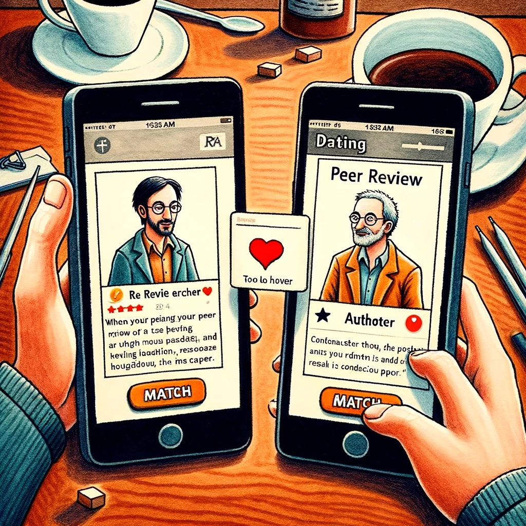 Two researchers finding each other on a dating app, only to realize they are reviewer and author of a contentious paper. The image shows two smartphones side by side, each displaying a dating app profile. One profile belongs to a researcher with a description that hints at their academic work, and the other profile belongs to another researcher. As they match, a pop-up notification reveals they are connected through a contentious paper, one as the author and the other as the reviewer. The background suggests a coffee shop setting, indicating a casual dating scene. The caption reads: "When your peer review is too close to home." The image humorously portrays the awkwardness of such a coincidence in the academic community.