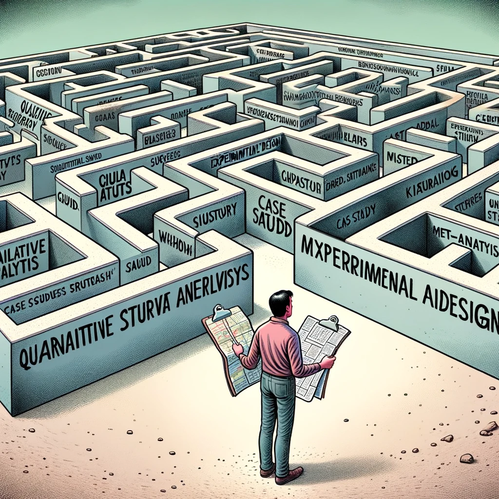 A perplexed researcher standing in front of a complex maze. Each turn and dead end in the maze is labeled with different research methods like 'Qualitative Analysis', 'Quantitative Surveys', 'Case Study', 'Experimental Design', and 'Meta-analysis'. The researcher is holding a map and looking confused. Caption at the bottom reads: 'Navigating the methodology section as per reviewer's suggestions.'
