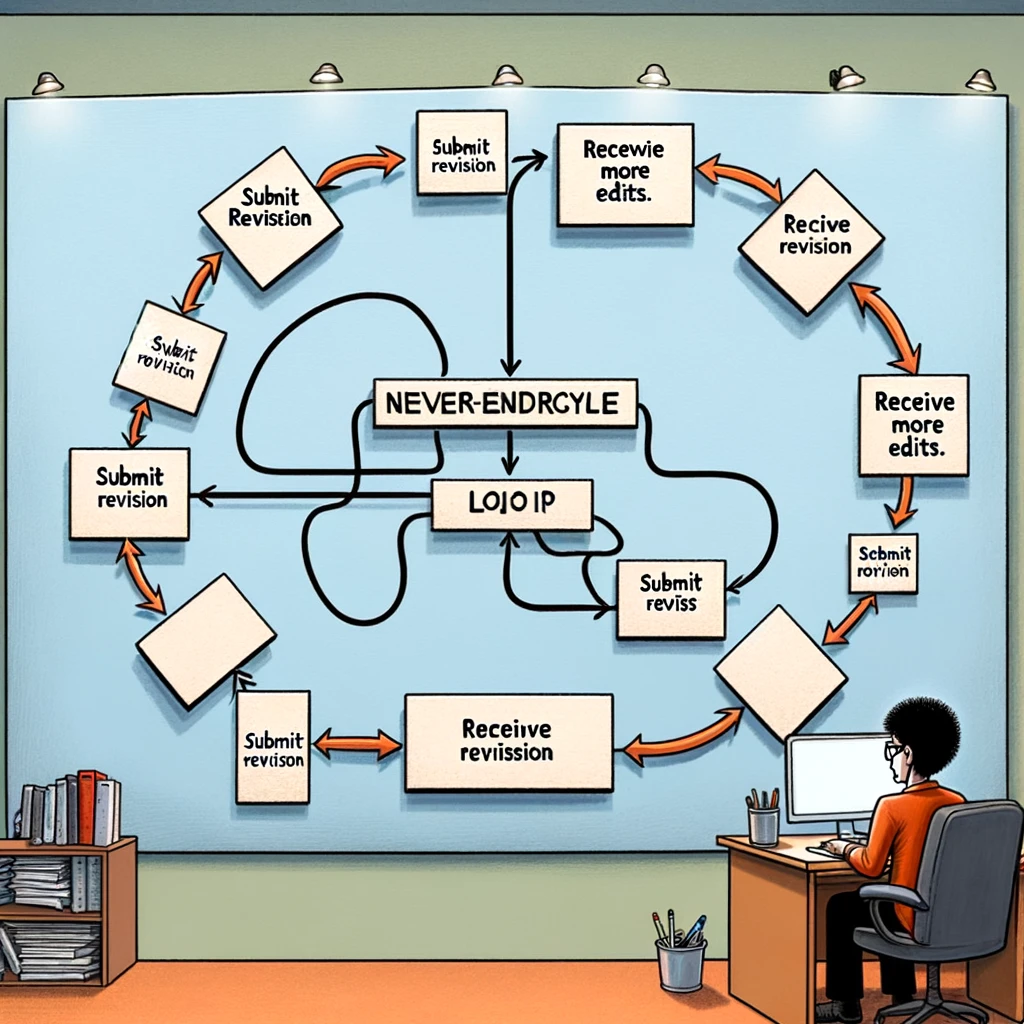 A flowchart depicting an endless loop. The flowchart starts with a box labeled 'Submit Revision', connected by an arrow to a box labeled 'Receive More Edits', which in turn connects back to 'Submit Revision', creating a continuous loop. The background is an office setting with a frustrated researcher staring at a computer screen. Caption at the bottom reads: 'The never-ending cycle of peer review.'