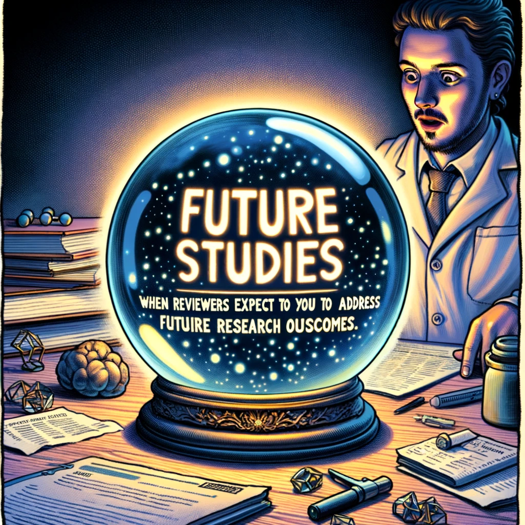 A mystic crystal ball on a table with the words 'Future Studies' glowing inside it. Surrounding the crystal ball are scattered academic papers and research tools. A researcher is peering intently into the ball, looking puzzled. Caption at the bottom reads: 'When reviewers expect you to predict and address future research outcomes.'