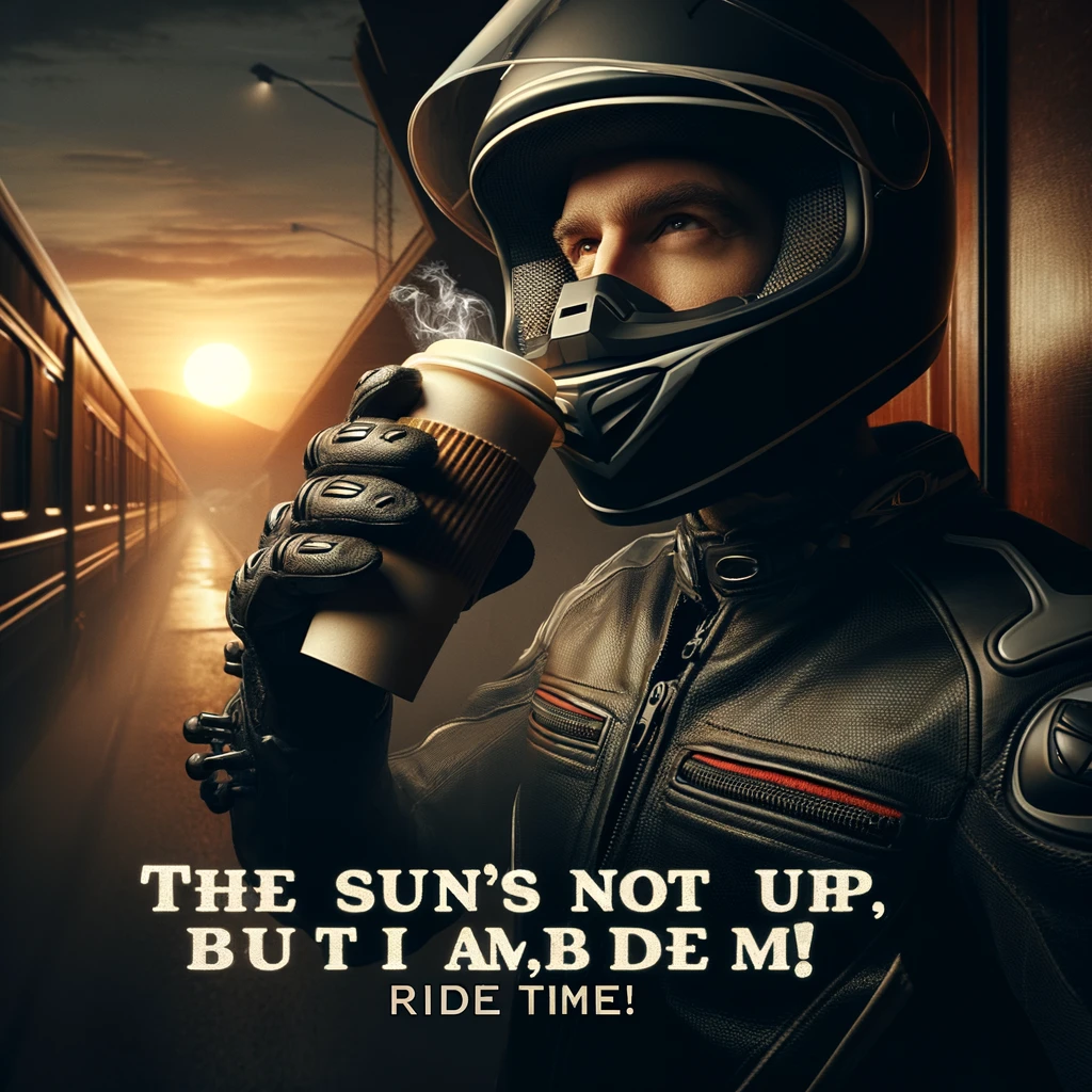 The Early Riser: A biker fully geared up, wearing a helmet and gloves, sipping coffee in the early morning darkness. The background is dimly lit, suggesting it's before sunrise. The biker looks ready for a ride. A caption at the bottom reads, "The sun's not up, but I am. Ride time!"