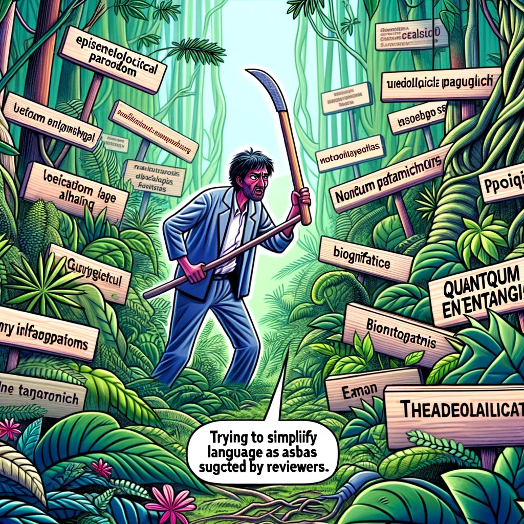 A researcher in a jungle, hacking through dense vegetation with a machete. The plants and trees are labeled with complex scientific terms like 'Epistemological Paradigm', 'Quantum Entanglement', 'Bioinformatics', and 'Theoretical Frameworks'. The researcher looks determined yet overwhelmed. Caption at the bottom reads: 'Trying to simplify language as suggested by reviewers.'