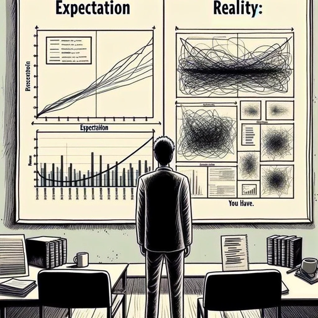 A split-panel image depicting 'Expectation vs. Reality: Results Section'. The left panel shows a neat, straightforward graph with clear labels and a simple trend line, representing 'Expectation'. The right panel shows a messy, complicated graph with overlapping lines, confusing labels, and unclear data points, representing 'Reality'. A researcher stands between the panels, looking from one to the other with a bemused expression. Caption reads: 'What reviewers expect vs. what you have.'