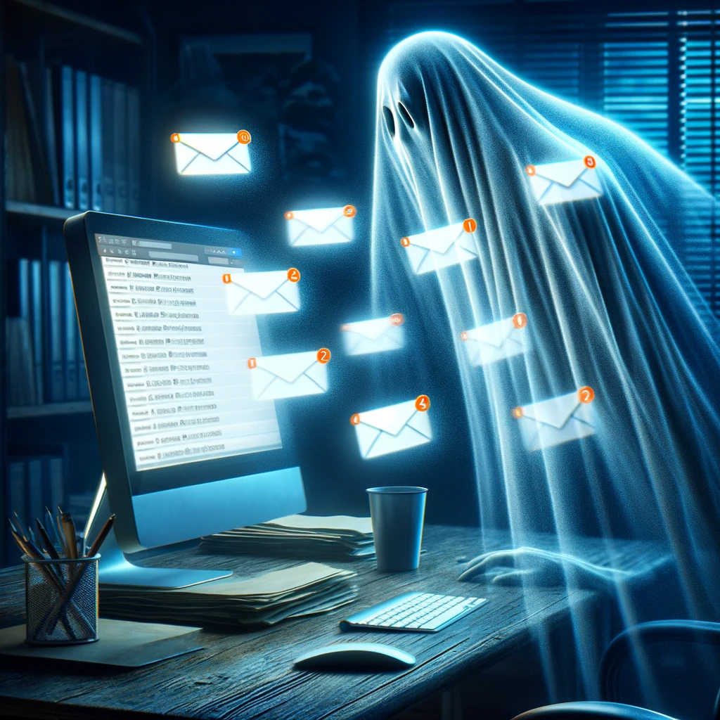 A ghostly figure hovering over a computer in a dimly lit office, with several email notifications visible on the screen, all ignored. The ghost is transparent, giving an ethereal appearance, and seems uninterested in the emails. Caption at the bottom reads: 'The mysterious case of the disappearing reviewer.'
