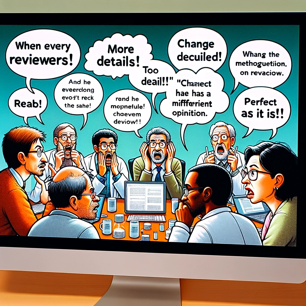 A group of confused researchers on a video call, displayed on a computer screen. Each researcher has a speech bubble with contradictory comments like 'More details!', 'Too detailed!', 'Change the methodology!', 'Perfect as it is!'. The researchers are expressing frustration and confusion. Caption at the bottom reads: 'When every reviewer has a different opinion.'