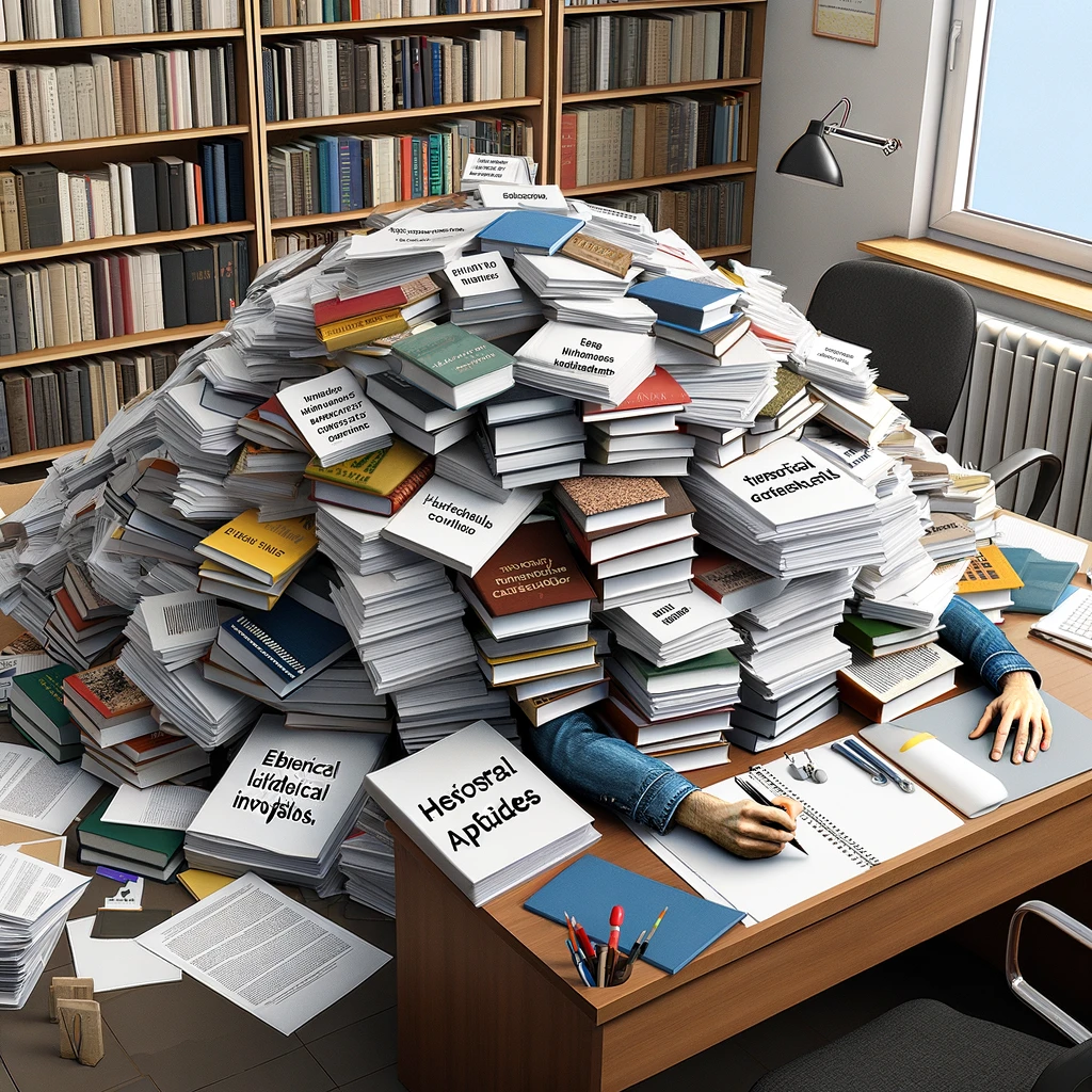 A researcher buried under a mountain of books and papers in an office, with only their hand sticking out, holding a pen. The books and papers are labeled with academic topics like 'Theoretical Approaches', 'Historical Contexts', 'Empirical Studies', and 'Methodological Innovations'. Caption at the bottom reads: 'When reviewers ask for a 'brief' literature review update.'
