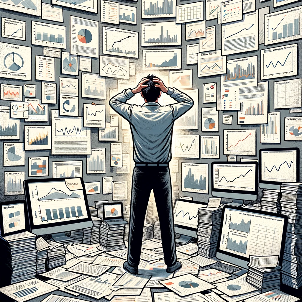 A researcher surrounded by an overwhelming number of graphs and charts on walls, screens, and papers, looking bewildered. The graphs vary in complexity and types, including bar charts, line graphs, pie charts, and scatter plots. The researcher is holding their head in confusion and awe. Caption at the bottom reads: 'When one reviewer asks for more data visualization.'