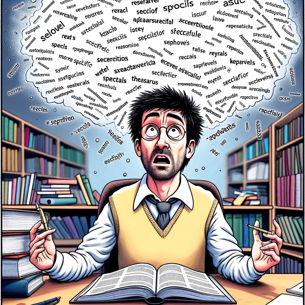 A researcher looking puzzled while looking at a thesaurus, surrounded by a chaotic cloud of keywords floating around them. The expression on the researcher's face should depict confusion and slight frustration. The setting is an office with books and research papers scattered around. Caption at the bottom reads: "When reviewers suggest using 'more specific' keywords." The image should have a light-hearted, comic style to fit the meme format.