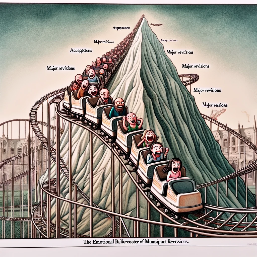 An illustration of a rollercoaster with peaks and valleys. The highest peaks are labeled "Acceptance" and the lowest points are labeled "Major Revisions." Researchers are seen riding the rollercoaster, displaying a range of emotions from joy to despair. The setting is an academic or research environment, possibly with academic buildings or a conference in the background. Caption at the bottom reads: "The emotional rollercoaster of manuscript revisions." The image should capture the ups and downs of the academic review process in a humorous and exaggerated manner.