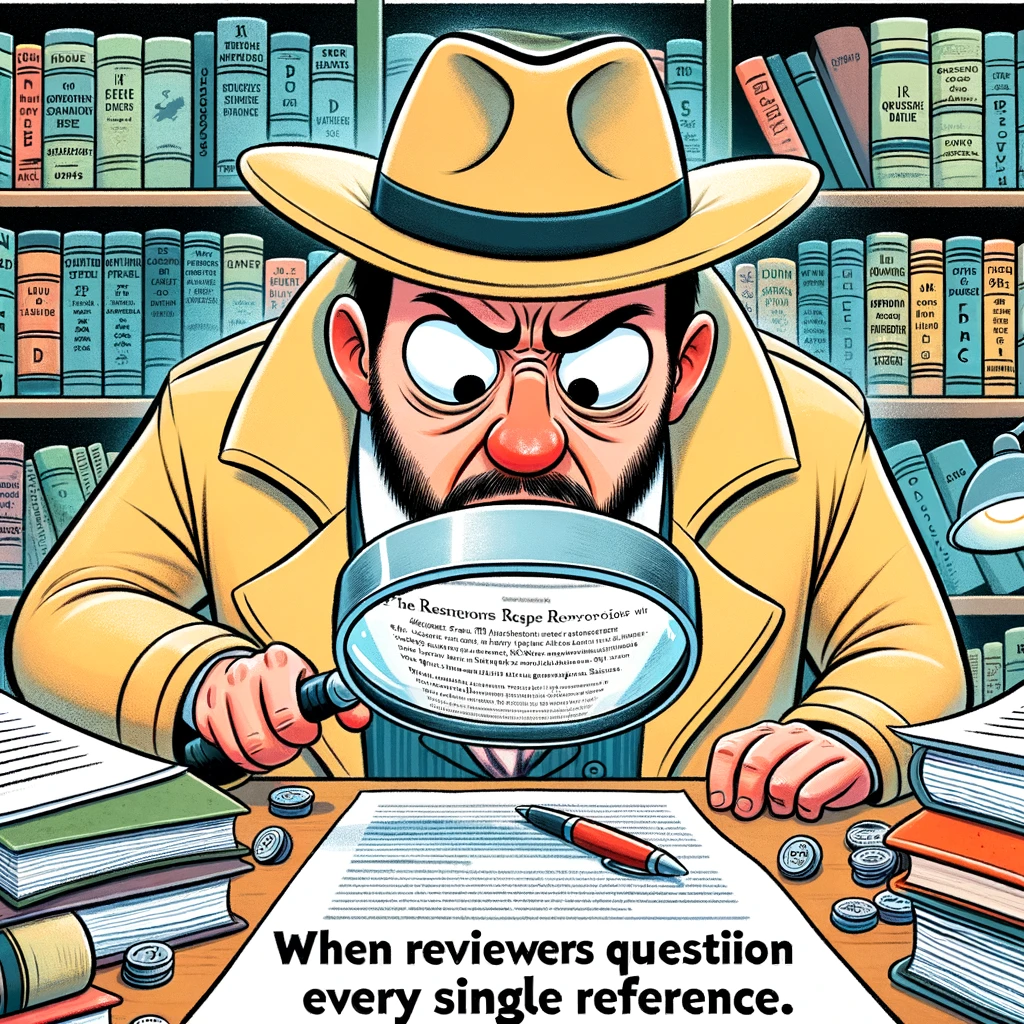 A cartoon detective with a magnifying glass closely inspecting a citation in a research paper. The detective should have an exaggerated expression of scrutiny and suspicion. Surrounding the detective are various academic books and papers, emphasizing the research environment. Caption at the bottom reads: "When reviewers question every single reference." The style should be whimsical and exaggerated, capturing the humor and frustration of the peer review process in academia.