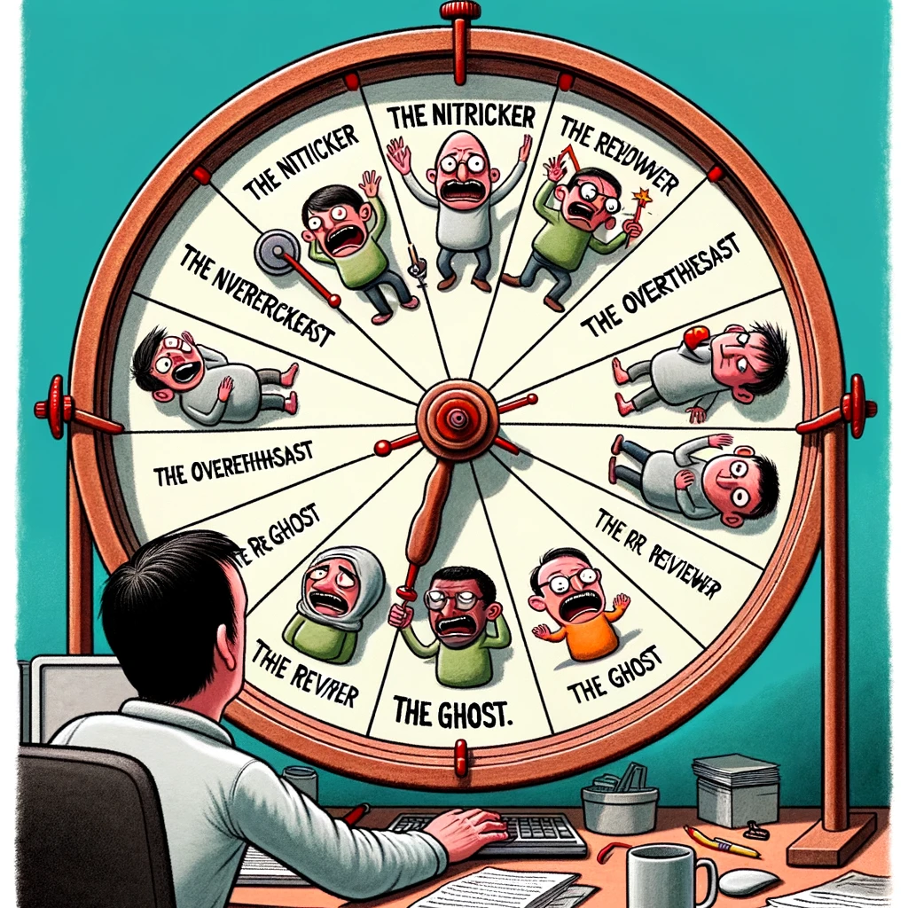 An image of a roulette wheel with sections labeled as different reviewer personalities such as "The Nitpicker," "The Over-Enthusiast," and "The Ghost." Each section should have a small, caricatured figure representing the reviewer type. The wheel is in the process of spinning, with a researcher anxiously watching the outcome. The setting is a research lab or office, emphasizing the academic context. Caption at the bottom reads: "Spinning the wheel to see what kind of reviewer you'll get this time." The style should be humorous and exaggerated, highlighting the unpredictability of the peer review process.