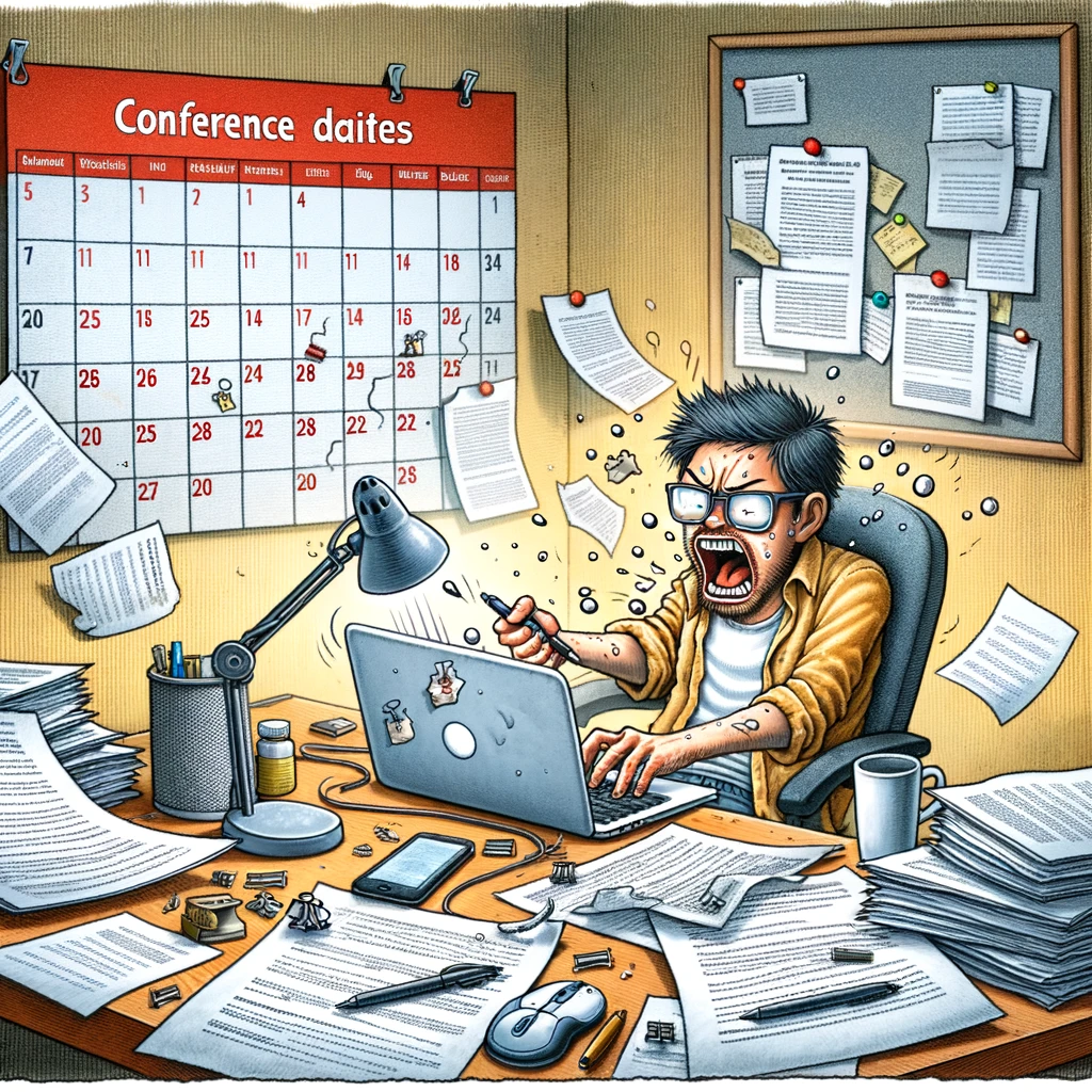 A researcher frantically typing on a laptop with a stressed expression. The calendar on the wall behind shows a looming conference date marked in red. Papers and coffee cups are scattered around, indicating long hours of work. The environment should resemble a cluttered academic office or home study area. Caption at the bottom reads: "Trying to incorporate last-minute review comments before the conference deadline." The image should convey a sense of urgency and the hectic nature of preparing for academic conferences, with a touch of humor.