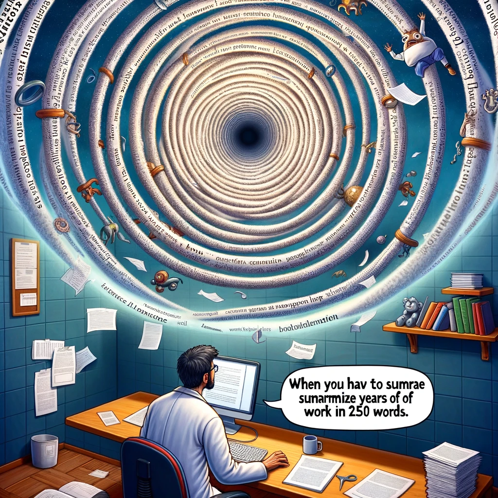 A researcher staring into a swirling vortex labeled "Abstract," looking overwhelmed and perplexed. The vortex is made up of words and scientific concepts, symbolizing the complexity of condensing research. The setting should be a study or office, with research papers and books around, indicating a scholarly environment. Caption at the bottom reads: "When you have to summarize years of work in 250 words." The image should be surreal and humorous, depicting the daunting task of writing a concise yet comprehensive abstract.