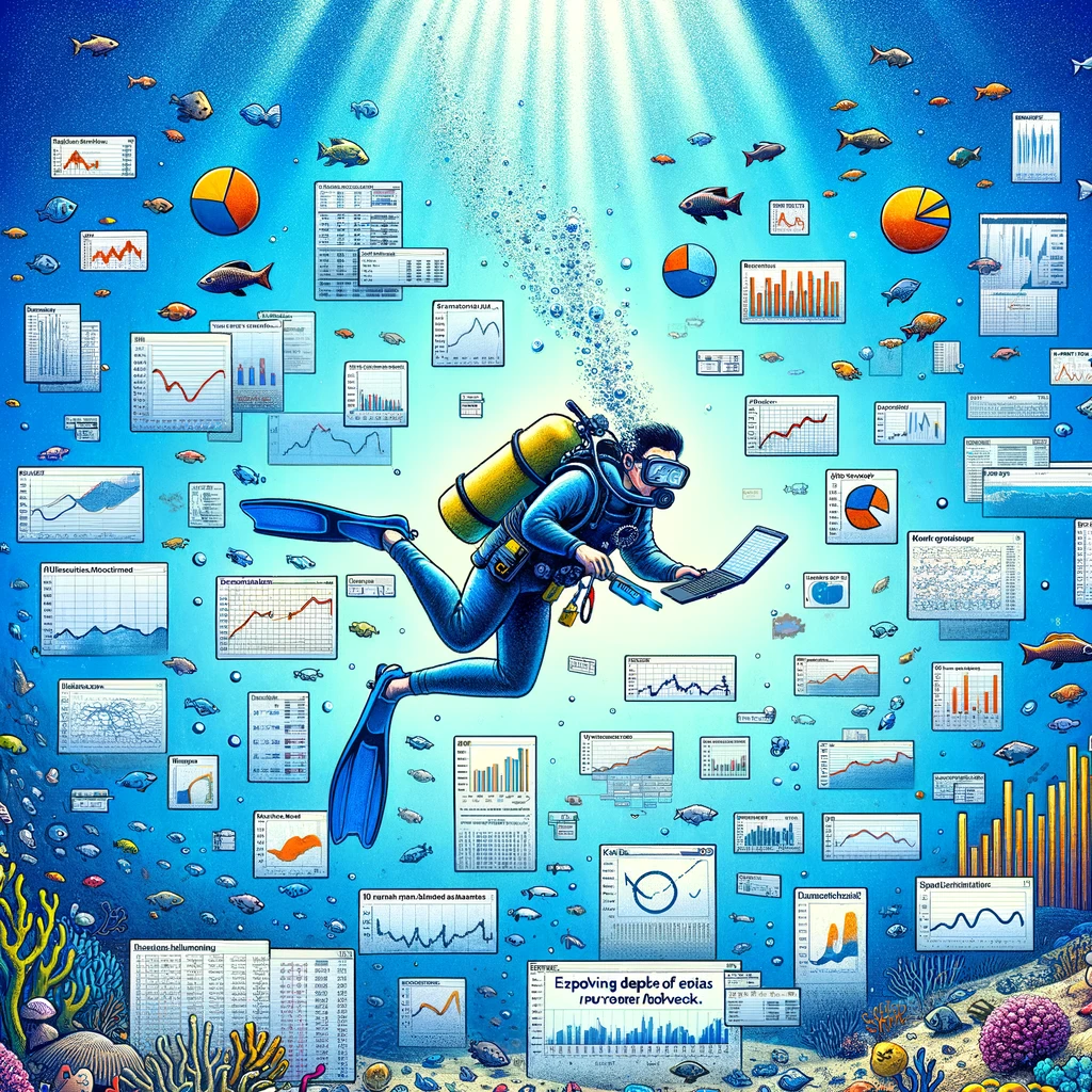 An underwater scene with a diver surrounded by a sea of data points, charts, and graphs. The diver is equipped with research tools like a laptop or a clipboard, and is actively examining the data. The sea should be filled with various forms of data visualization like bar graphs, pie charts, and scatter plots, symbolizing the depth of data analysis. Caption at the bottom reads: "Exploring the depths of data analysis after reviewer feedback." The image should have a whimsical and adventurous feel, highlighting the complexities and challenges of data analysis in a light-hearted way.