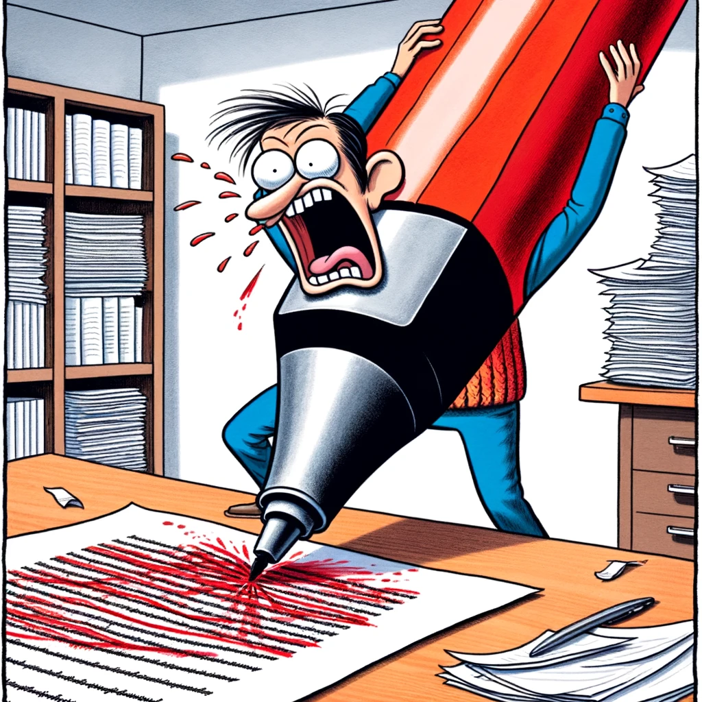 A humorous cartoon of an overzealous editor with a giant red pen, dramatically crossing out large sections of a manuscript. The editor should have an exaggeratedly enthusiastic expression. The setting is an editorial office, with stacks of papers and books, emphasizing the academic editing environment. Caption at the bottom reads: "When the editor gets a little too enthusiastic with revisions." The image should capture the exaggeration in a funny and lighthearted way, depicting the sometimes over-the-top nature of editorial revisions.