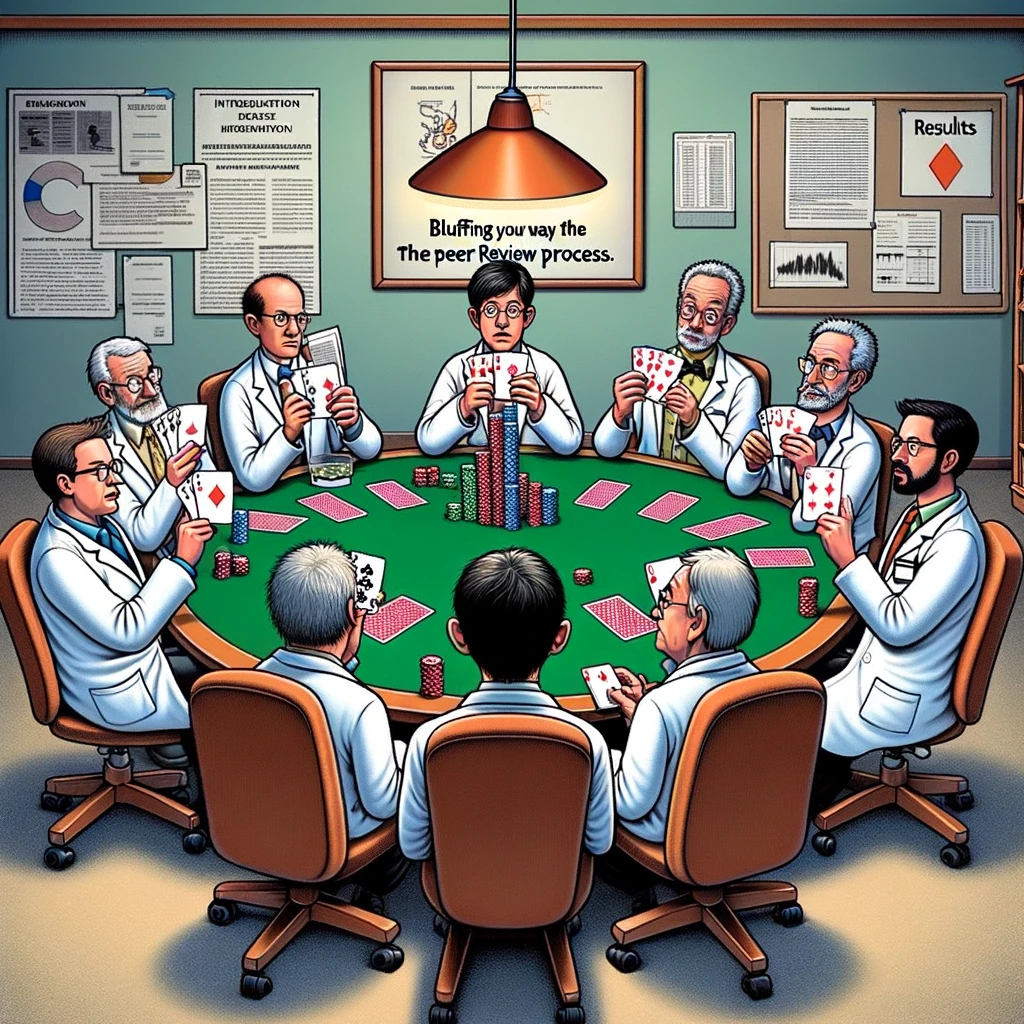 A scene of researchers sitting around a poker table in an academic setting, holding playing cards that are different sections of a manuscript (like 'Introduction,' 'Methods,' 'Results'). The researchers should have expressions of bluffing and strategizing, resembling a high-stakes poker game. The environment should be a conference room or lab, with academic posters or equipment in the background. Caption at the bottom reads: "Bluffing your way through the peer review process." The image should be witty and clever, capturing the strategic and sometimes unpredictable nature of navigating peer review in academia.