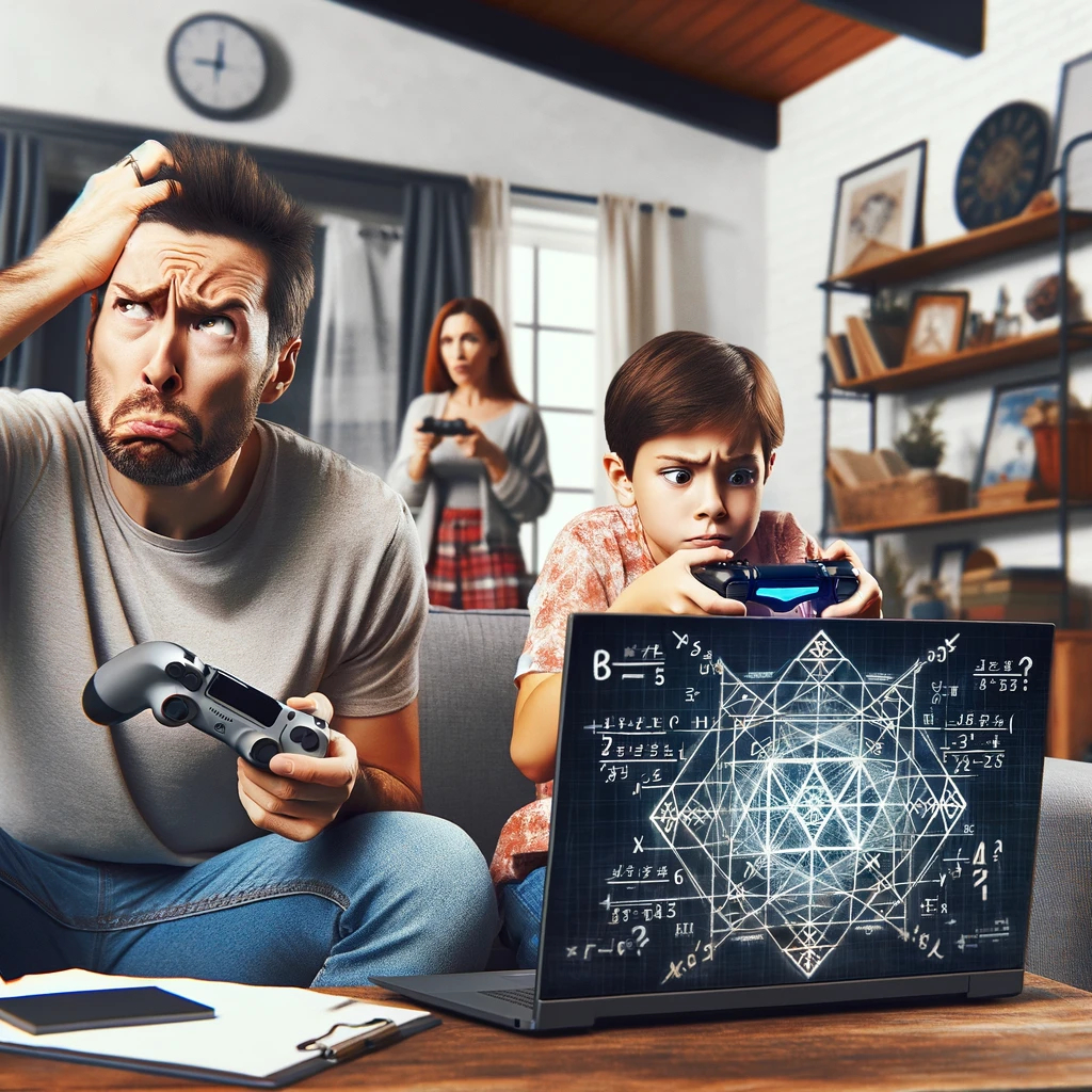 A parent looking baffled at a complex math problem on a laptop screen, with a child expertly gaming on a console in the background. The parent is scratching their head, looking confused, while the child is focused and adept at gaming. The room should look like a typical family living room. The laptop screen is visible with a complex math problem, and the child is playing a game on the console. Caption at the bottom: "When your kid is a tech whiz but you can't figure out fifth-grade math."