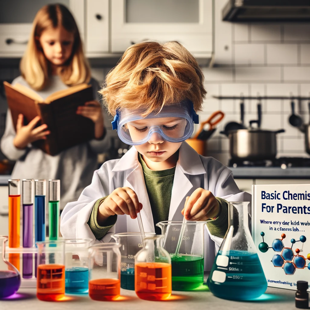 A child dressed as a mad scientist, mixing colorful liquids in the kitchen. The child is wearing safety goggles and a lab coat, and is intensely focused on mixing liquids in beakers. The parent is in the background, reading a book titled "Basic Chemistry for Parents." The kitchen looks like a typical home kitchen, but with a makeshift science lab setup. Caption at the bottom: "Homeschooling: Where every day is 'bring your kid to work day'... in a science lab."