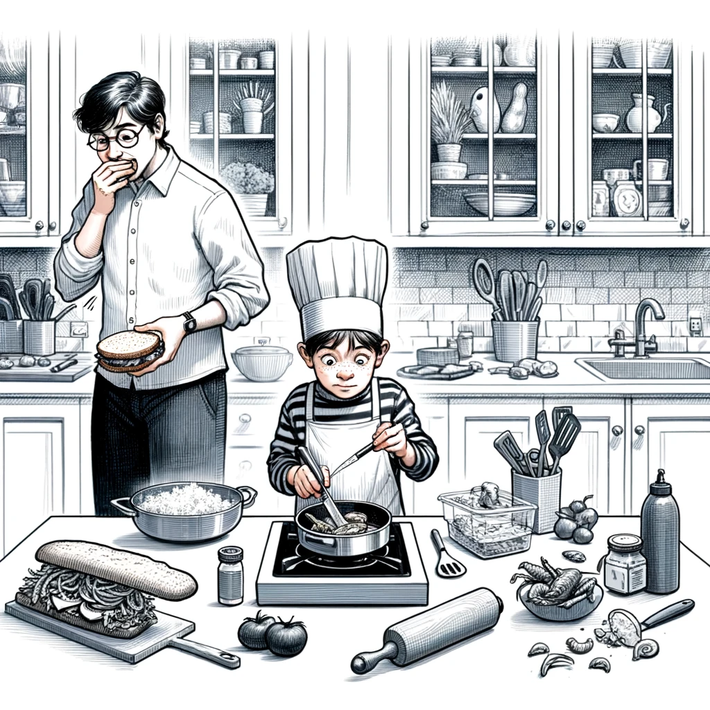A kitchen scene with a child wearing a chef's hat, preparing an elaborate meal. The child is focused on cooking, with various ingredients and cooking utensils around. The parent, looking hungry and holding a simple sandwich, watches in bewilderment. The kitchen looks like a typical home kitchen, but with the child taking charge like a professional chef. Caption at the bottom: "When your kid takes over home economics class."