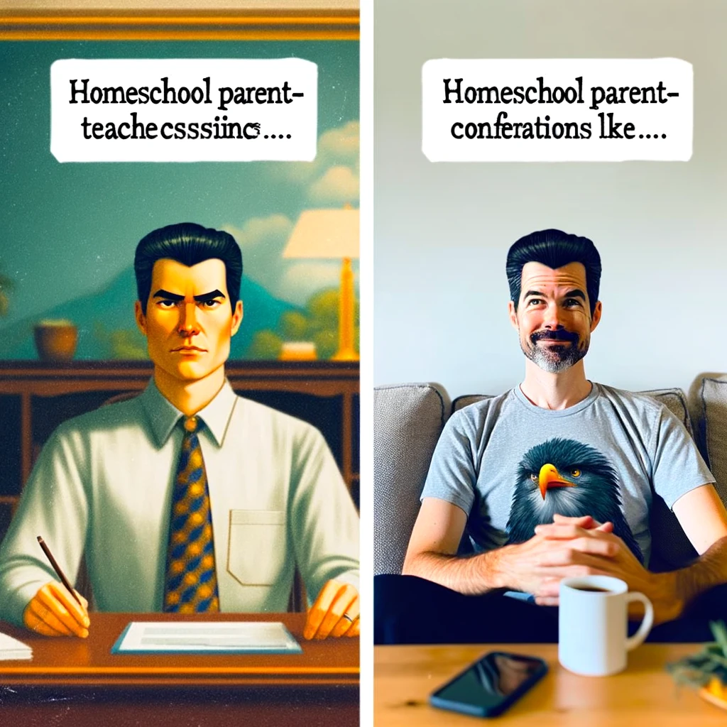 A split-screen image showing the same parent in two different roles for a homeschool meme. On the left side, the parent appears serious and professional, dressed in a formal shirt and tie, sitting at a desk with a stern expression. On the right side, the same parent looks relaxed and casual, wearing a t-shirt, sitting on a couch with a relaxed posture and a cup of coffee. Caption at the bottom: "Homeschool parent-teacher conferences be like..."