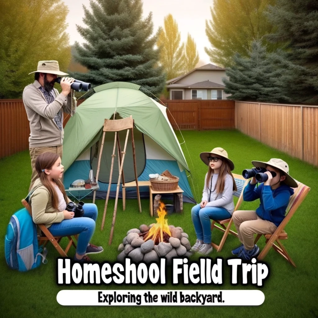 A humorous homeschool meme. Image of a family in camping gear, including a tent, binoculars, and a campfire, set up in a backyard. The family looks excitedly at their surroundings as if they are in the wilderness. Trees and a fence are visible in the background, indicating a typical suburban backyard. Caption at the bottom: "Homeschool field trip: Exploring the wild backyard."