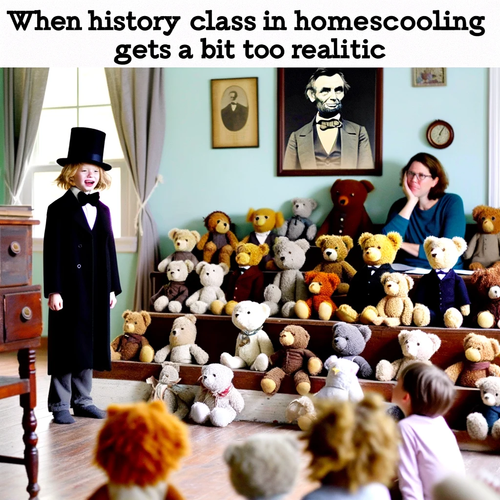 A comical homeschool meme showing a history class setting. The image features a child dressed as a historical figure, like Abraham Lincoln, standing in front of a group of stuffed animals arranged in rows as if they are students. The child is presenting enthusiastically. In the background, a parent is taking notes, looking both amused and proud. The setting is a home living room. Caption at the bottom: "When history class in homeschooling gets a bit too realistic."