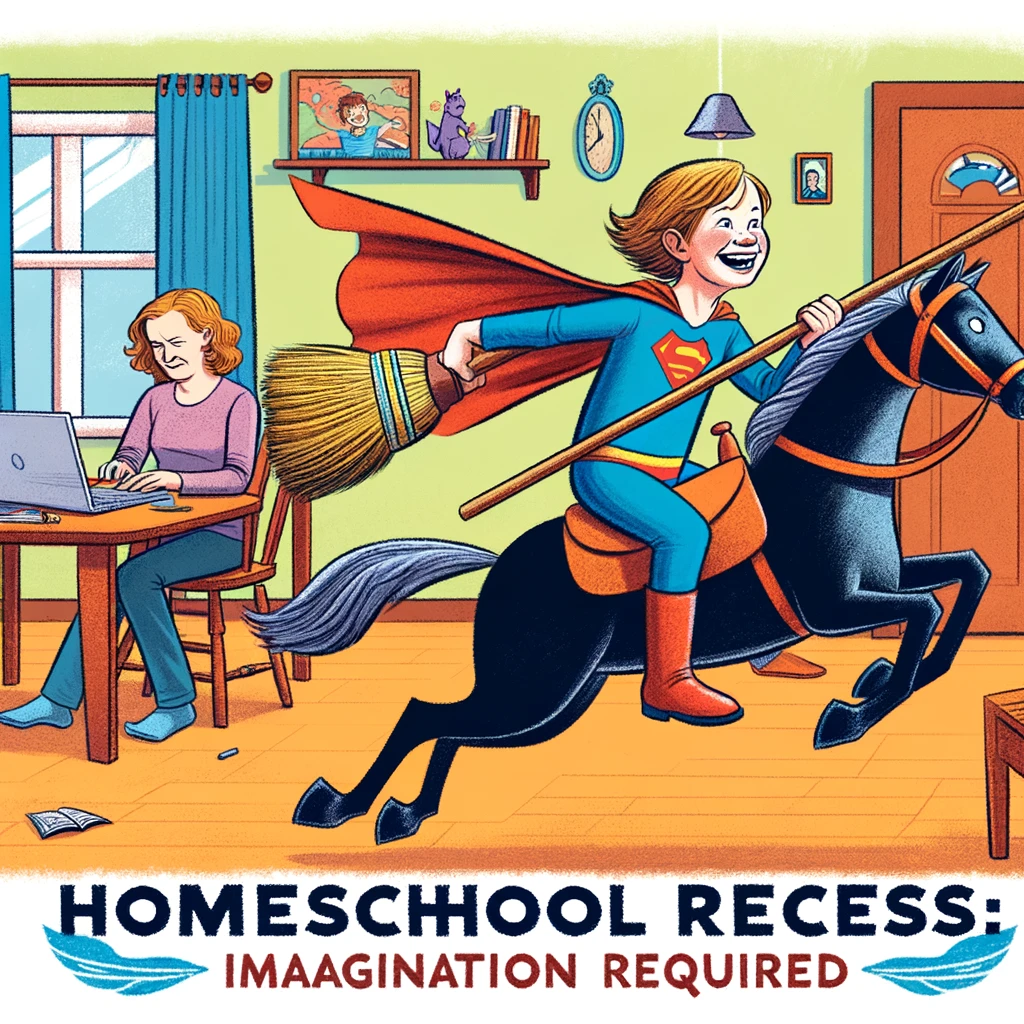A playful homeschool meme. The image shows a child in a superhero costume, using a broom as a horse, charging energetically through a living room. The room is decorated with typical home furnishings. In the background, a parent is sitting at a desk, working on a laptop, looking at the child with a mix of amusement and slight terror. Caption at the bottom: "Homeschool recess: Imagination required."