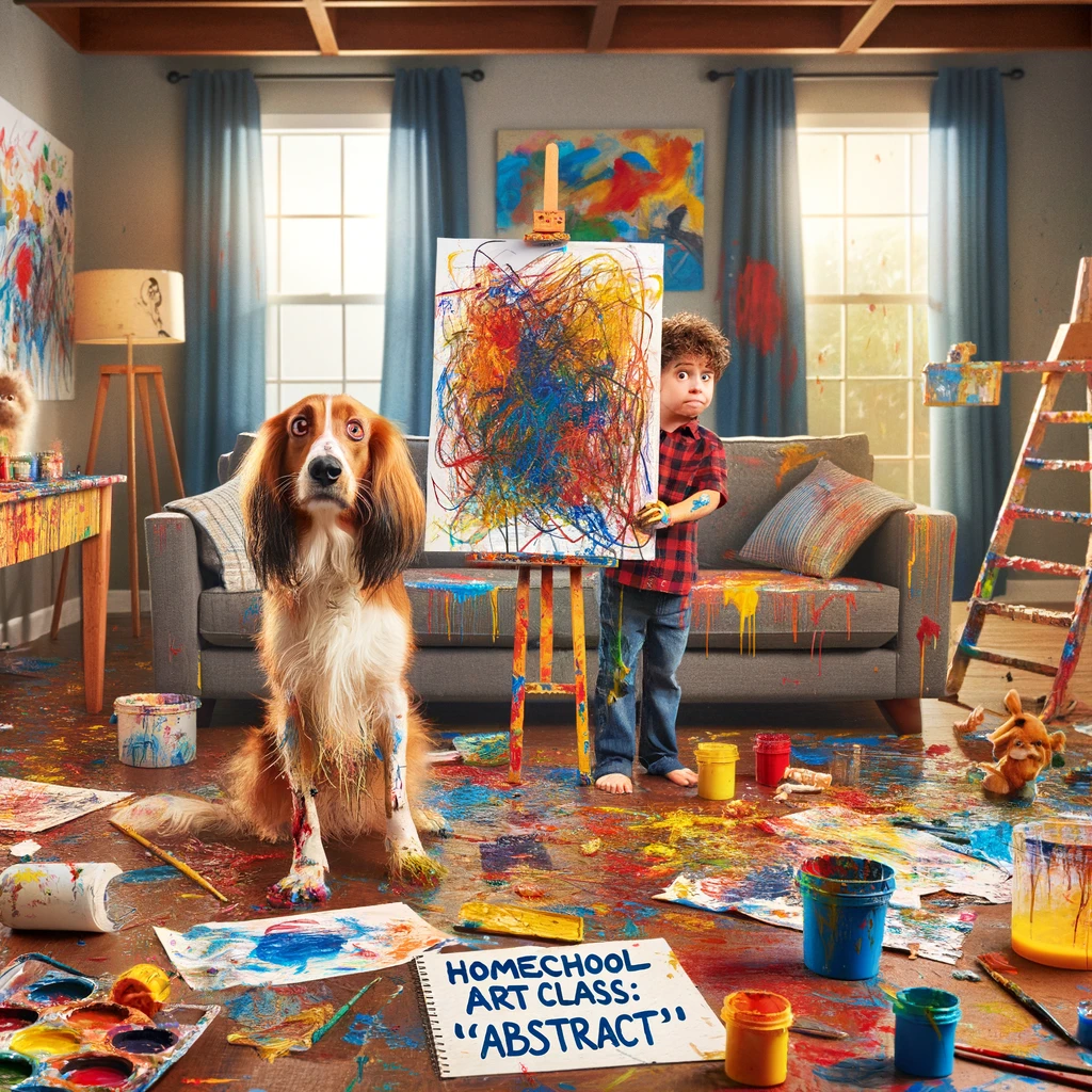 A chaotic living room scene with paint splatters everywhere, including on the family dog who looks confused. In the center, a child holds up a messy, abstract art piece with pride. The atmosphere is vibrant and humorous, capturing the spirit of a lively art class gone wild. Caption at the bottom reads: "Homeschool art class: Redefining 'abstract'."