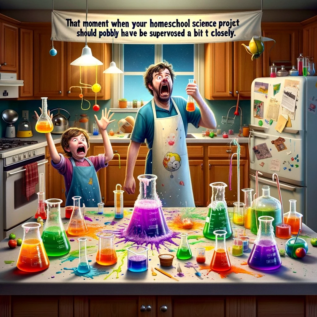 A humorous kitchen scene transformed into a makeshift science lab, with beakers and colorful liquids scattered everywhere. The parent stands in shock as the child, with a triumphant expression, holds up a bubbling potion. The room is filled with a sense of surprise and achievement. Caption at the bottom reads: "That moment when your homeschool science project should probably have been supervised a bit more closely."