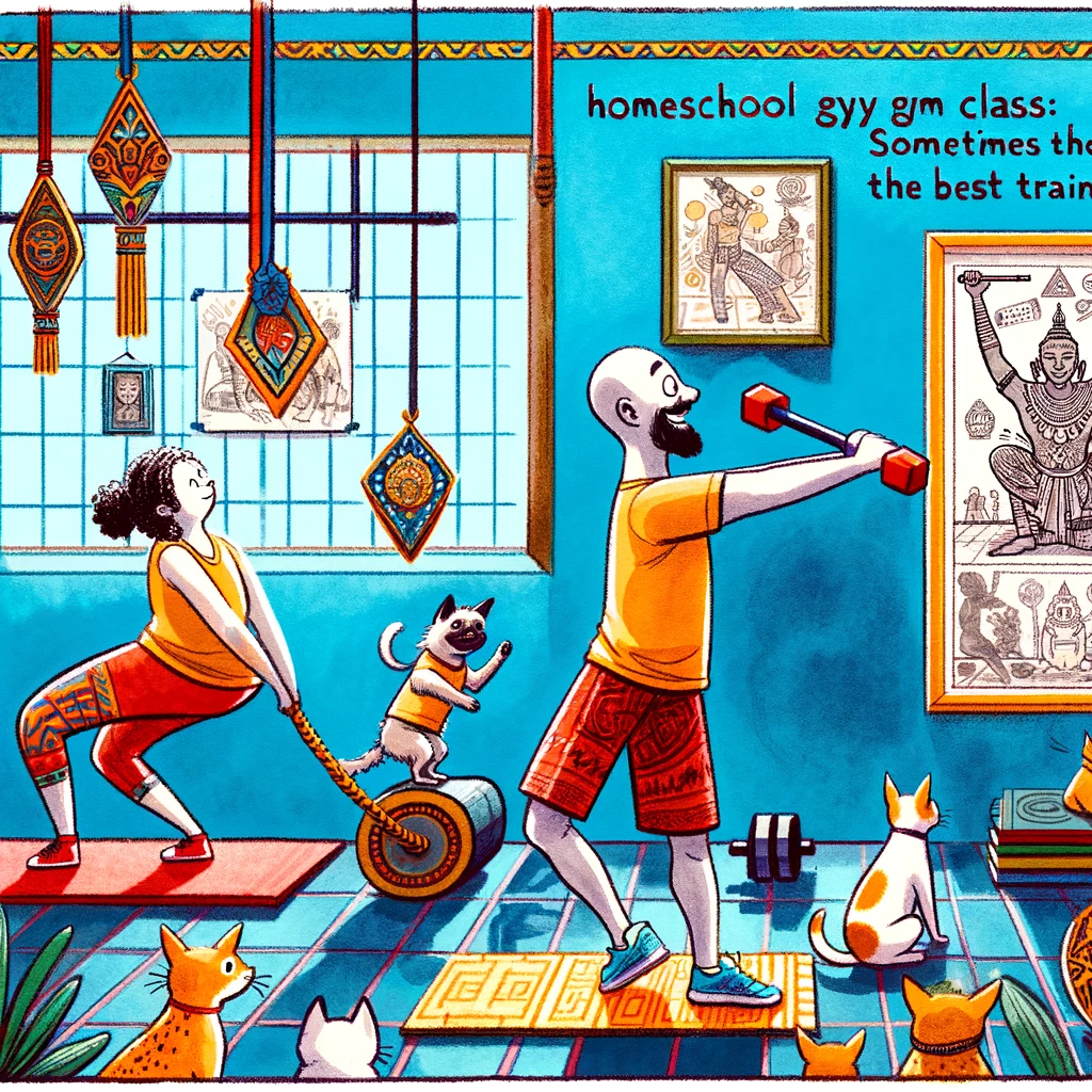 A lively home gym scene with a parent struggling to follow an exercise video, while a child, with ease, performs the moves using a pet as a weight. The room is filled with energy and a touch of humor. Caption at the bottom reads: "Homeschool gym class: Sometimes the pets are the best trainers."