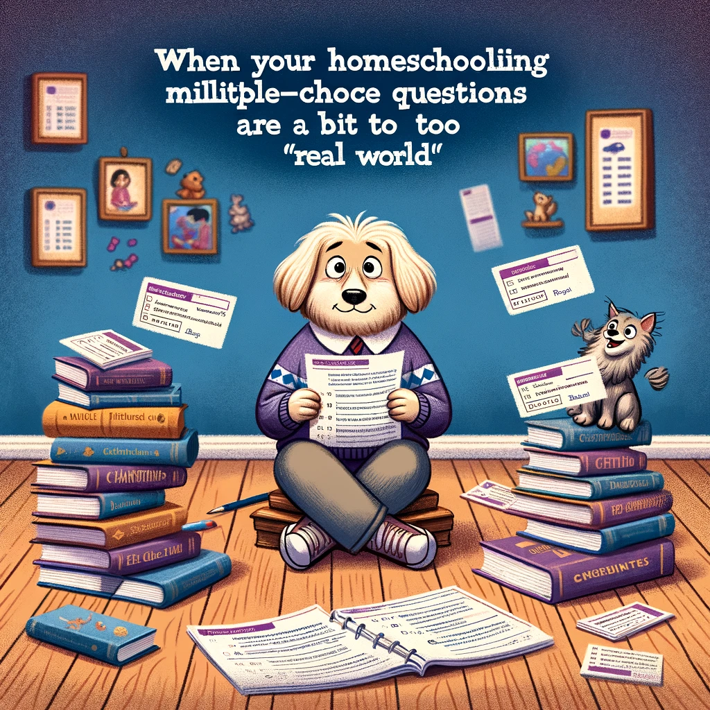 A humorous scene showing a confused child surrounded by textbooks, staring at a test paper. On the floor, a pet is surrounded by cards with answer choices. The atmosphere is playful yet slightly bewildered. Caption at the bottom reads: "When your homeschooling multiple-choice questions are a bit too 'real world'."